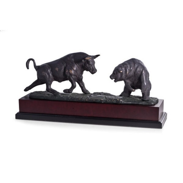Charging Bear and Bull Sculpture on Plith Base Wood Statue Investor